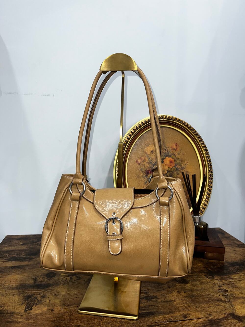 Tan Patent-Look Shoulder Bag with Silver Ring Hardware and Buckle Strap Detail